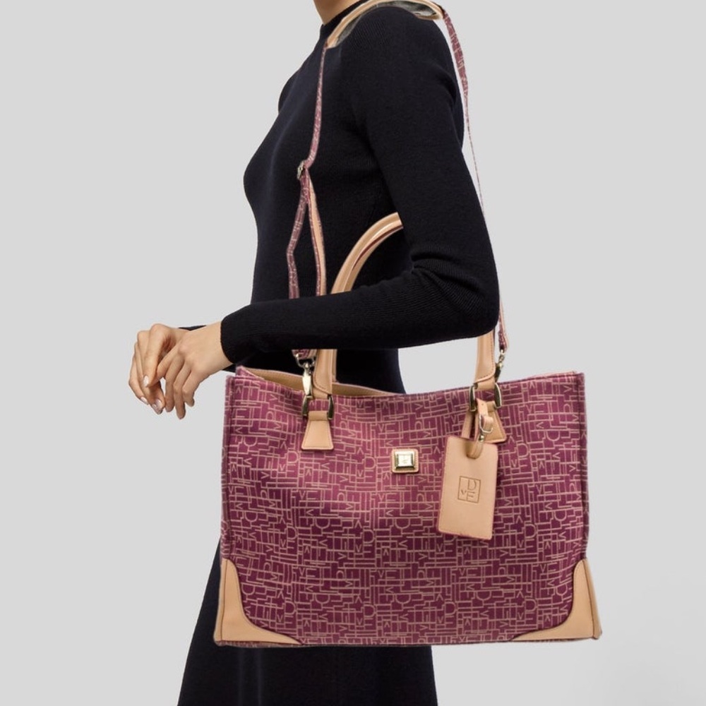 Stylish Plum Patterned Tote Bag with Tan Accents